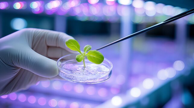 Scientist's gloved hand holds a plant seedling in a petri dish. Concept for biotechnology, genetic modification, botany, or agricultural research in a lab with purple grow lights.