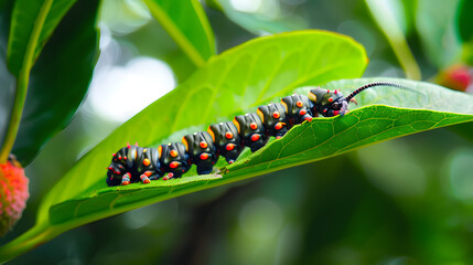 Colorful caterpillar on green leaf