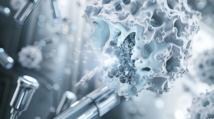 Close-up 3D render of a medical nanotechnology concept, showing a nanobot or laser precisely targeting and destroying a cancer cell. Ideal for oncology, immunotherapy, and futuristic scientific 