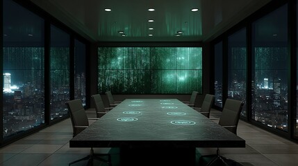 Futuristic boardroom interior with a large video wall displaying glowing green digital code. Dark, high-tech corporate meeting room for concepts of data, cybersecurity, technology, or global strategy.