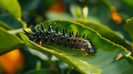 Caterpillar on green leaf