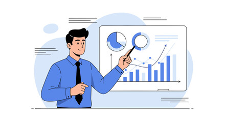 Business Analyst Presenting Financial Data Visuals and Trends on a Digital Display
