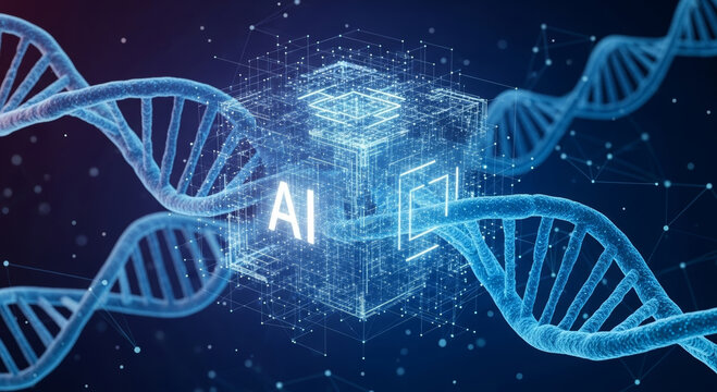 AI integration with DNA visualization portraying genetics research advance and therapy concept in futuristic lab setting