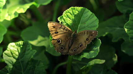 Butterfly perched on green leaf