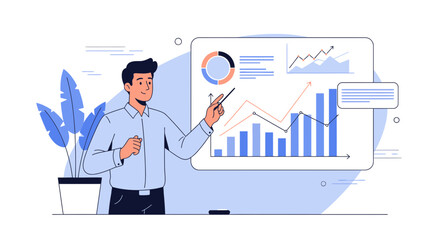 Business Leader Presenting Analytics: Sharing Strategies and Financial Growth Dynamics