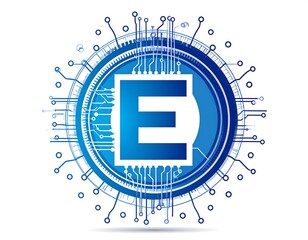 Blue circuit design with a central "E" inside a circular frame