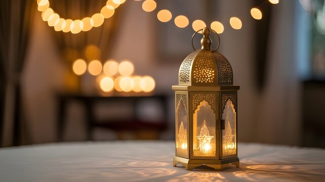 A beautifully crafted golden lantern with a glowing candle inside, set on a white table with blurred string lights and candles in the background, creating a warm and festive ambiance.