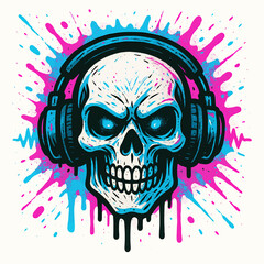 Graffiti Skull with Headphones — Cyan & Magenta Urban Vibe