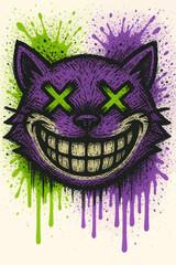 Psycho Cat Graffiti Mascot — Neon Green & Purple Drip Illustration