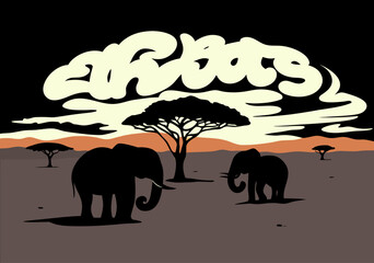 African Elephants Silhouette at Dramatic Sunset Sky in Savanna