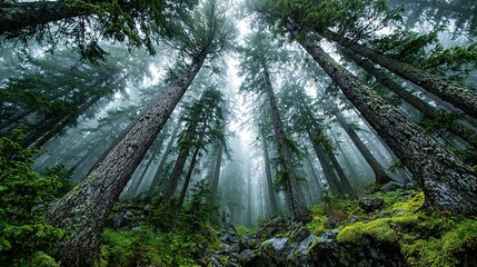 Tall trees reach towards the sky in a dense green forest setting.