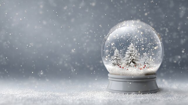 Snow globe template vector illustration empty glass snowball with snow and snowflakes on gray base clean winter mockup with copy space for lettering greeting card banner poster design