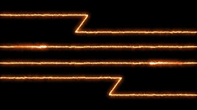 Vivid orange light trails forming electric patterns, symbolizing energy transmission, speed, and electrical power. Fiery Orange Electric Lines on Black Background energy power.