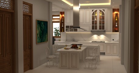 Elegant modern kitchen interior with warm lighting