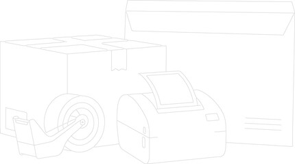Shipping Essentials: Streamlined illustration showcasing packaging necessities &ndash; a cardboard box, an envelope, a tape dispenser and a label printer, ready for your mailing needs.
