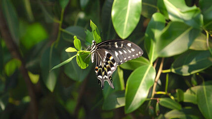 Butterfly perched on green leaf