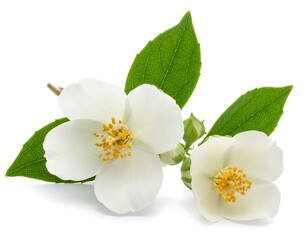 Obraz premium Close-up shot of white flowers, stamens, and green leaves on a white backdrop