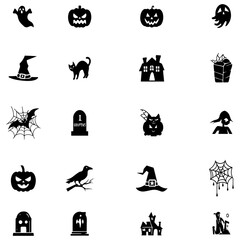Obraz premium Halloween icon set with black vector symbols and holiday illustrations.