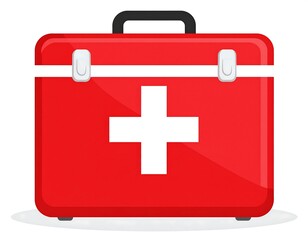 Obraz premium Bright red medical box with a white cross, handle, and metal clasps