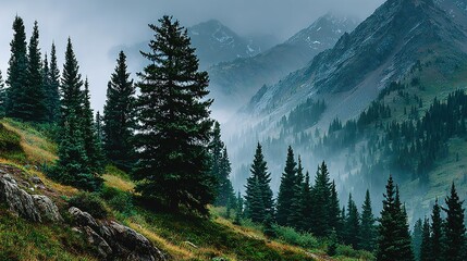 Foggy mountain landscape with trees on a hillside in a natural environment.