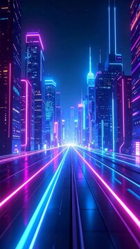 Futuristic cityscape with glowing neon lights on skyscrapers and sleek, reflective city road at night under a starry sky, capturing a vibrant synthwave atmosphere.