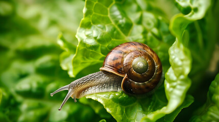 Snail on Green Leaf
