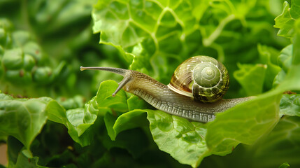 Snail on green leaf