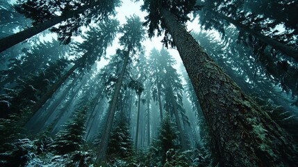 Tall trees reach skyward in a dense forest with sunlight filtering through.