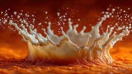 Liquid splash creating a crown shape against a blurred orange and red background.