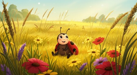 Naklejka premium Cartoon ladybug sitting in a field of colorful flowers and grass