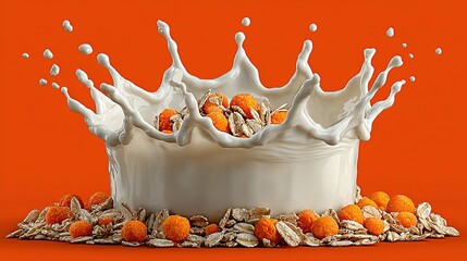 Milk splash with orange berries and grains against an orange background.