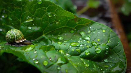 Snail on a dewy leaf