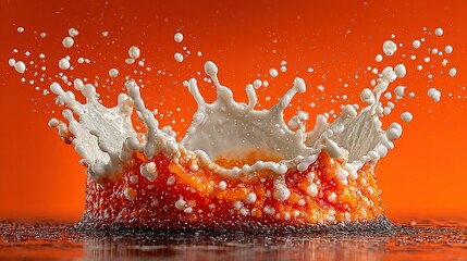 Liquid splash with crown shape on orange background.