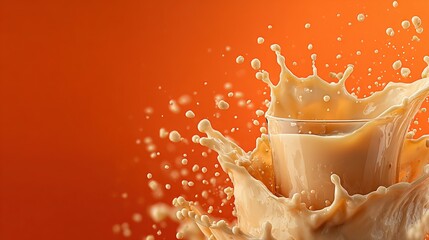 Liquid splash with droplets against an orange background.