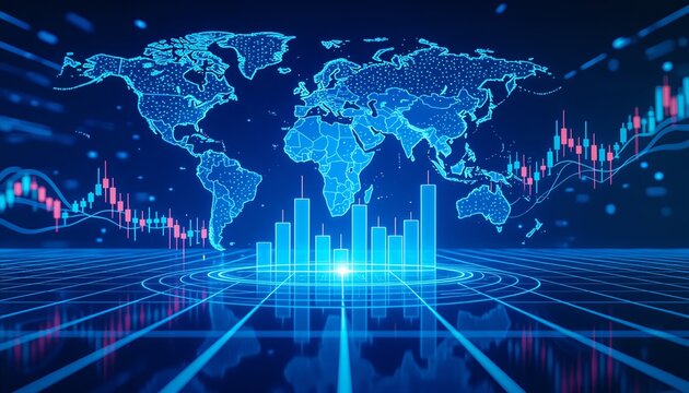 Futuristic 3D finance illustration showing glowing holographic charts and global data