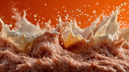 Liquid splash with foam against orange background.