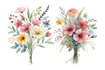 Boho Style Watercolor Wildflower Bouquet isolated on white background