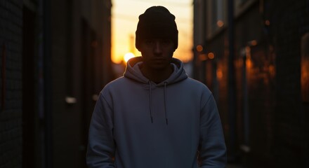 Fototapeta premium Silhouette of a Person in a Hoodie in an Alleyway.