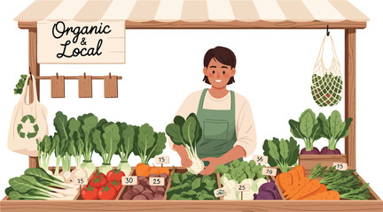 Friendly vendor at organic farm stand with fresh produce and sustainable tote bag promoting healthy eating