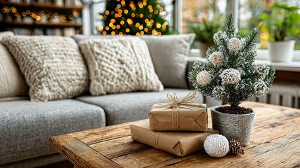 Christmas decoration on wooden table near sofa and christmas tree in background.