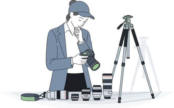 Contemplative photographer reviewing camera equipment, lenses, and tripod for creative photoshoot prep - Powered by Adobe