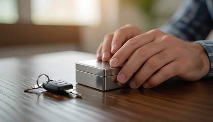 Luxury gift box and keys signifying ownership and a successful corporate transaction on a wooden table