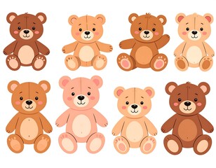 Fototapeta premium Cartoon illustration of eight different, colorful sitting teddy bears
