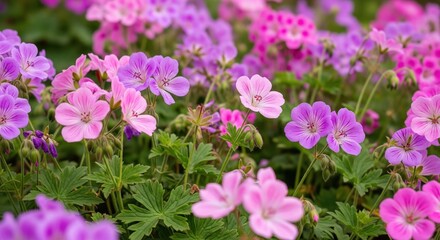 Naklejka premium Close-up of many small, vibrant pink and purple flowers