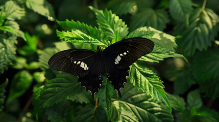 Black butterfly on green leaves