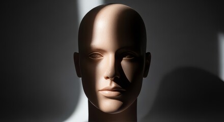 Bald Mannequin Head with Dramatic Lighting and Shadow Effects on Dark Background