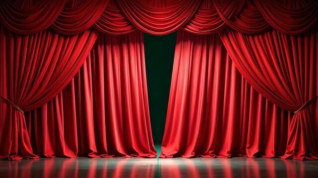 Dramatic red velvet theater curtains partially open on a dark stage backdrop with reflections on a glossy floor, creating anticipation.