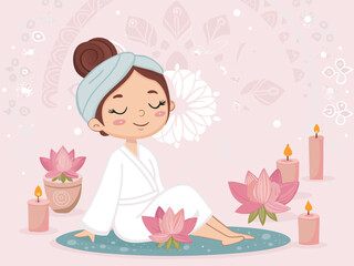 Cute girls take care of face skin at spa and at home. Multi ethnic women apply cosmetic cream and do face massage and treatment. Flat vector illustration set isolated on white background.