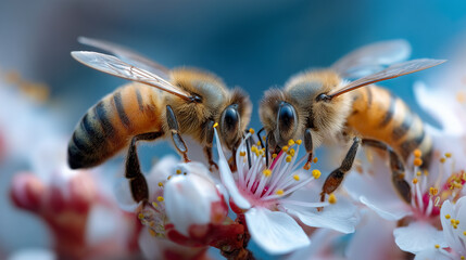 Close-up macro of two honey bees pollinating a pink flower, showing detailed wings, body texture, and pollen, symbolizing teamwork, nature, and the importance of pollination in the ecosystem.