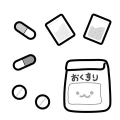 薬とおくすり袋のイラスト（白黒・かわいい）